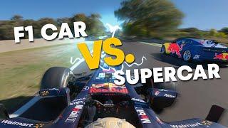 F1 Car vs Supercar at Mount Panorama circuit in Bathurst 