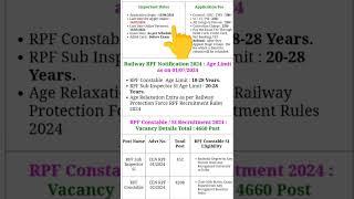 RPF RAILWAY VACANCY 2024|RPF CONSTABLE SI EXAM NOTIFICATION