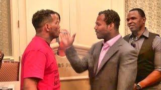 Shane Mosley vs. Ricardo Mayorga crazy staredown! Shane smacks Mayorga's cigarette