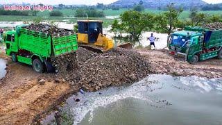 Full operation project, Filling up land huge, Bulldozer KOMATSU DR51PX Push Soil & Stone Into Water