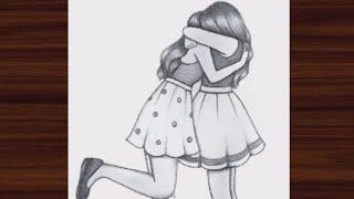 how to draw a Girl hugging best friend  - Draw step by step || Friendship drawing || Easy drawing