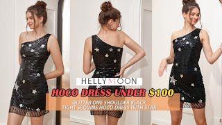 One Shoulder Black Sequins Short Homecoming Dress with Star | Hellymoon Hoco