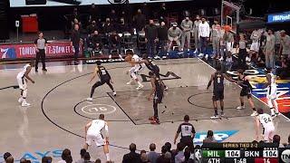 James Harden waves off double team while guarding Giannis Antetokounmpo then Giannis shoots this...