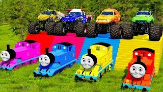 5 THOMAS TRAINS vs Big & Small: McQueen with Spinner Wheels - Monster Trucks with Long Slide Game