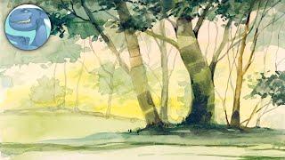 Simple landscape with trees. Watercolor painting.