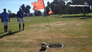 Studying a putt at the #footgolf course at Poplar Creek Golf Course in San Mateo.