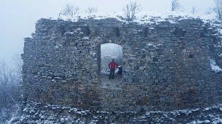 Winter Snowy Day, Mountain, Castle Ruins, River And Abandoned Railway