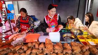 China morning market Bustling city in Chongqing : rich food, lively people, and a breakfast paradise