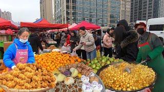 Winter morning market in Kunming, China, with many delicious snacks