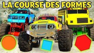 Dessin animé pour enfants. Trois courses des voitures Monster Truck. Les formes en français