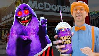 Blippi Tries Grimace Shake in Real Life - All Characters unlocked Blippi Toys