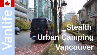 Stealth urban camping in a Sprinter van in downtown Vancouver Canada