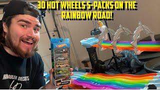 30 HOT WHEELS 5 PACKS RACING ON THE RAINBOW ROAD TRACK SET! HOT WHEELS DIE CAST RACING!