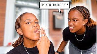 SMOKING CIGARETTE PRANK ON MY TWIN!! *She told mom*