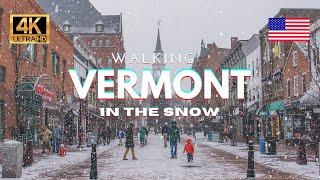  Vermont Winter Walking Tour, USA | Walking Downtown in the Snow [4K HDR/60fps]