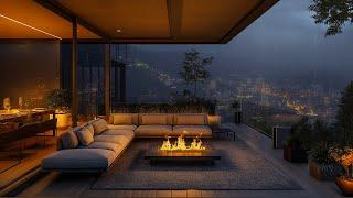 Luxury Apartment Balcony At Rainy Night | Rain and Thunder, Fire Pit Sounds for Sleeping, Relaxing