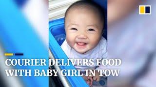 Delivery courier in China goes to work with baby girl in tow