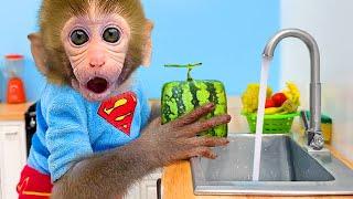 القرد الصغير بونبون ينظف البيت ويأكل الفاكهة مع الجرو اللطيف - بونبون العربي