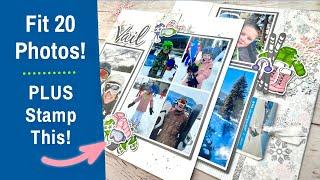 20 Photos + Stamping on a Layout | 12x12 Double Page Ski Trip Scrapbooking Idea