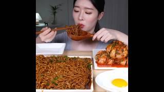 Black Bean Noodles, Spicy Onion Kimchi and Eggs ️#mukbang #asmr #satisfying #yummy  @Fumeyamyam