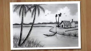 How to draw village scenery with pencil step by step, Pencil drawing for beginners