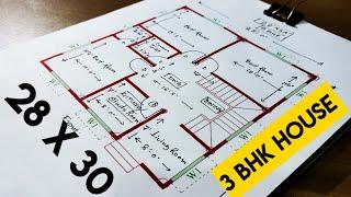 28 x 30 house plan II 28 X30 GHAR KA NAKSHA II 3 BHK HOUSE PLAN