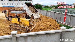 Try To Complete Project !! Good Job Filling Land In Corner Fence By Many Dump Trucks5T & BulldzerD31