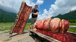 I Made a Real Grill Out of a Huge Log! Roasting a Lot of Lamb Meat in a Log