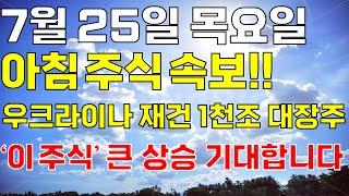 7월 25일 목요일 아침 주식방송ㅣ우크라이나 재건 시장 개화! 1천조 대박 수혜 대장주 '이 주식' 오늘 꼭 보세요! 순식간에 오를겁니다 #우크라이나 #재건 #대장주 #현대에버다임