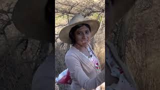 Maura cutting red gourds on the hill