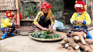 Mother and daughter dig cassava to make cakes to eat and sell some cakes to improve their lives.