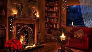 COLI Loop 4K Christmas Fireplace 4K With Christmas Music COZY Library With Snow Falling View