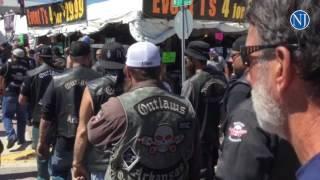 Police keep an eye on members of the Outlaw Motorcycle Club on Main Street