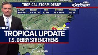 Tropical Storm Debby strengthens off the Carolinas