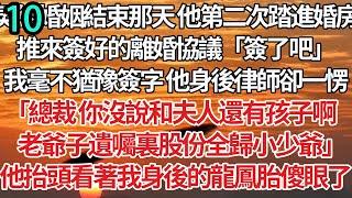 10！契約婚姻結束那天 他第二次踏進婚房，推來簽好的離婚協議「簽了吧」我毫不猶豫簽字 他身後律師卻一愣，「總裁 你沒說和夫人還有孩子啊，老爺子遺囑裏股份全歸小少爺」他抬頭看著我身後的龍鳳胎傻眼了