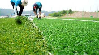 process of making a World Cup soccer field with artificial turf in Korea