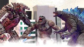 Godzilla vs Kong vs Mecha godzilla remakes 1,2,3 together an epic battle stop motions