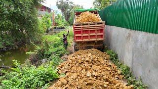 Start Incredible Project!Landfill road Construction, Bulldozer Pushing stone,Dump Truck 5T Unloading