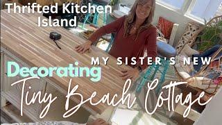 Decorating my sisters  tiny boho beach cottage,  thrifted  kitchen island and decor