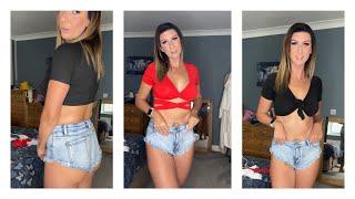 Denim Hotpants and Crop Top Try On 4K Clothes Try On Haul Mirror views 