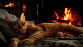 Relaxing with Purring Cat, Crackling Fireplace  Deep Sleep in Cozy Ambience, Stress Relief