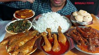 big meal fish buna.chicke n leg jhol,chicken feet and gizzard masala,spinach sweets eating with rice