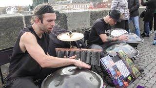 Multiple Hang Instrument Steel Pans Played on Charles Bridge. Prague Street Music