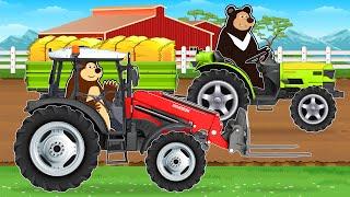 Farm Works: Tractor Work on a field and Picking Up Straw Bales | Farm Vehicles Animated