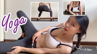 Yoga hip-up stretch before workout | Yoga stretching before workout at home in the warm spring | 運動