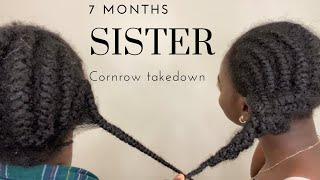 Watch me and my sister take down our old cornrows 7 months total of hair growth (dookie braids)