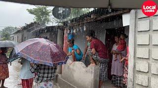 Leisurely Villagers Enjoying Heavy Rain from their Home Rain Walk through Village