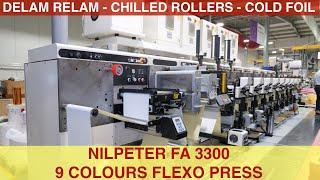 Nilpeter FA 3300 s 9 colours servo driven flexo press GEW UV chilled rollers cold foil and lam.