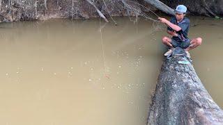 BAHANYA.!!! MANCING DARI ATAS KAYU YANG MELINTANG DI SUNGAI SANGKING ASIK NYA SAMPAI LENGAH