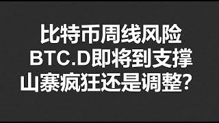 比特币周线风险,BTC.D即将到支撑,山寨疯狂还是调整？#OKX|BTC|ETH|XRP|ARB|SOL|DOGE|DYDX|ENS|AR|SHIB|ATOM|ROSE行情分享